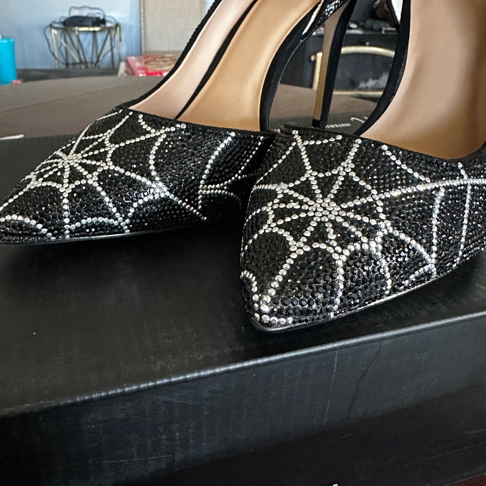Black Crystal Spiderweb Pointed Toe Stiletto Heels - Picture 2 of 8